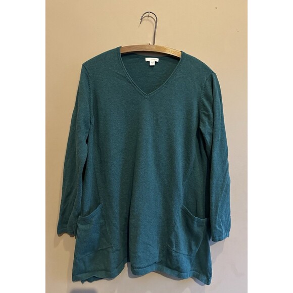 J Jill Size Medium Cotton Cashmere Blend Knit Tunic w/pockets Green V-neck Soft - Picture 1 of 8